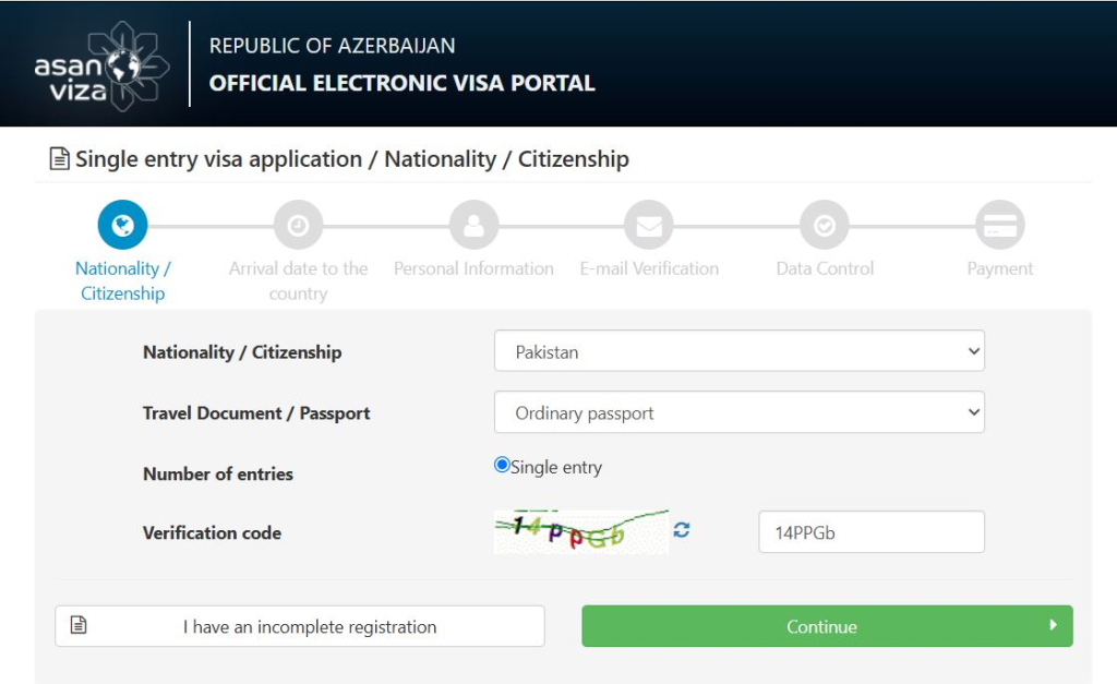 Azerbaijan e Visa for Pakistan Step 2