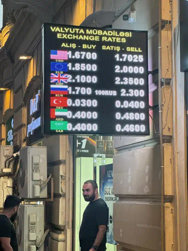 Currency exchange rates displayed on Nizami Street in Baku