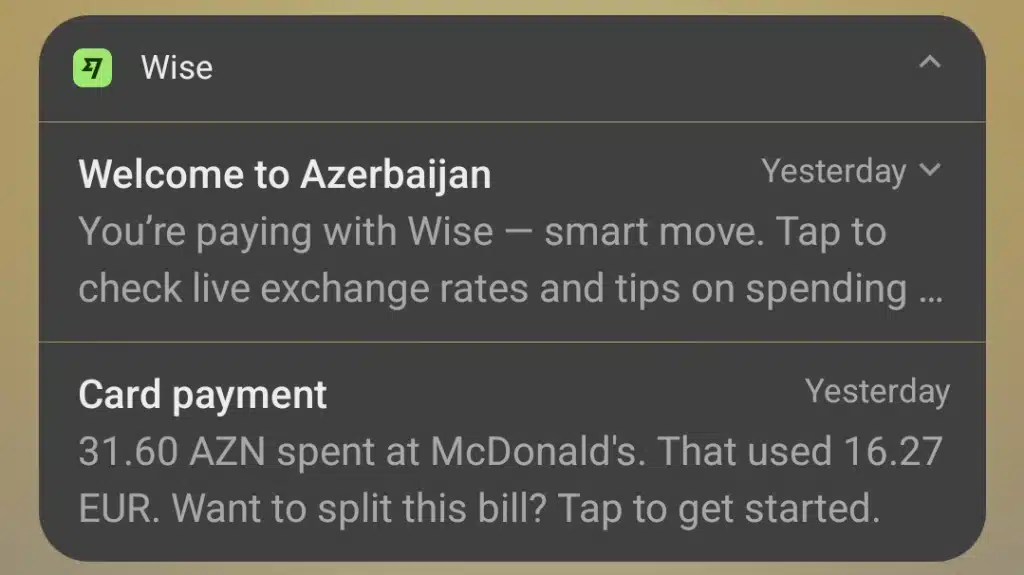 Wise card payment in Azerbaijan showing EUR to AZN exchange rate