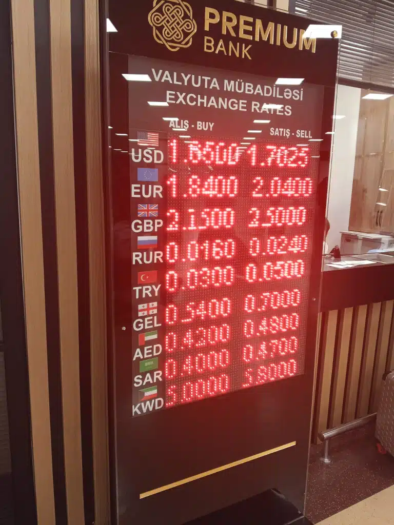 Currency exchange rates displayed from Premium Bank at Heydar Aliyev International Airport in Baku